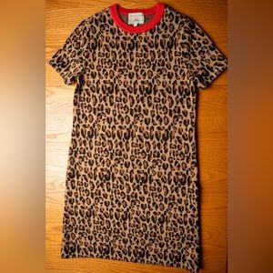 J. Crew Collection knit leopard print dress with red collar.